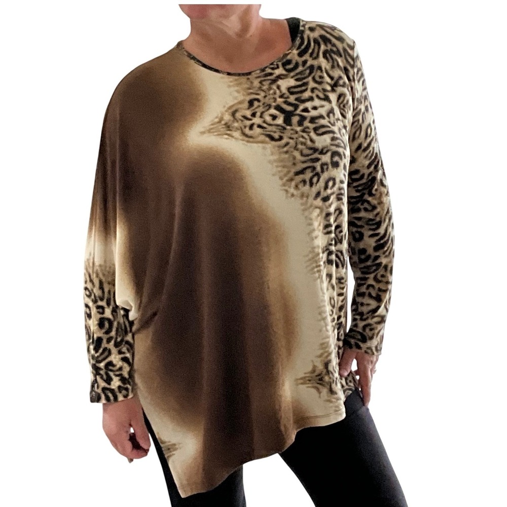 Clara Sun Woo Medium‎ Animal Print Poncho Top Earth Tones Asymmetric Hem